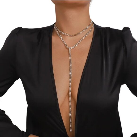 2/$24 Rhinestone Gold Crystal Choker Y-Lariat Necklace Adjustable Chain Elegant - Picture 1 of 7